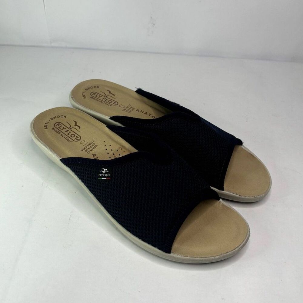 Fly Flot Italian Navy Blue Comfy Tan Wedge Slide Sandals Slip Ons Mesh Womens